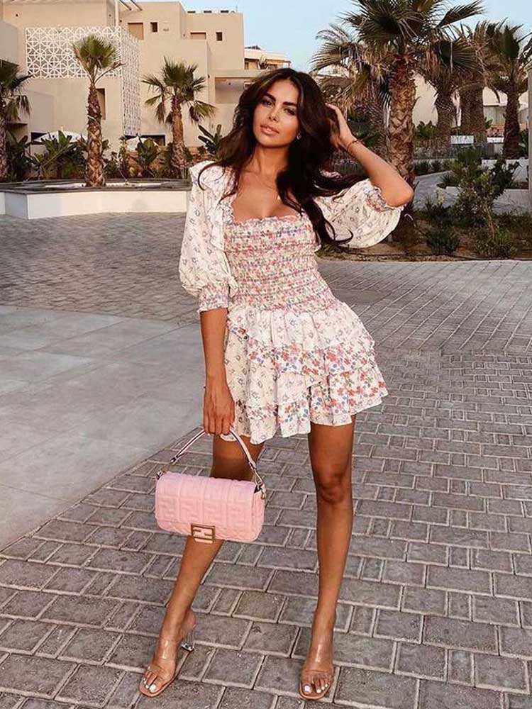 Mixed floral prints ruffled party dress puff sleeve square neck smocked sexy laides dress mini chic summer dress
