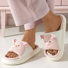 Ingvn  Cute Cartoon Pig Hemp Slippers Women  Winter Comfort Soft Sole Funny Cotton Slippers Woman Non Slip Flat Heels House Shoes