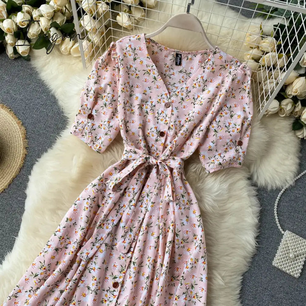 Ingvn - beach Red elegant sexy Dress women Summer Autumn V-neck polka dot midi dress waist split dress vestidos de fiesta clothes