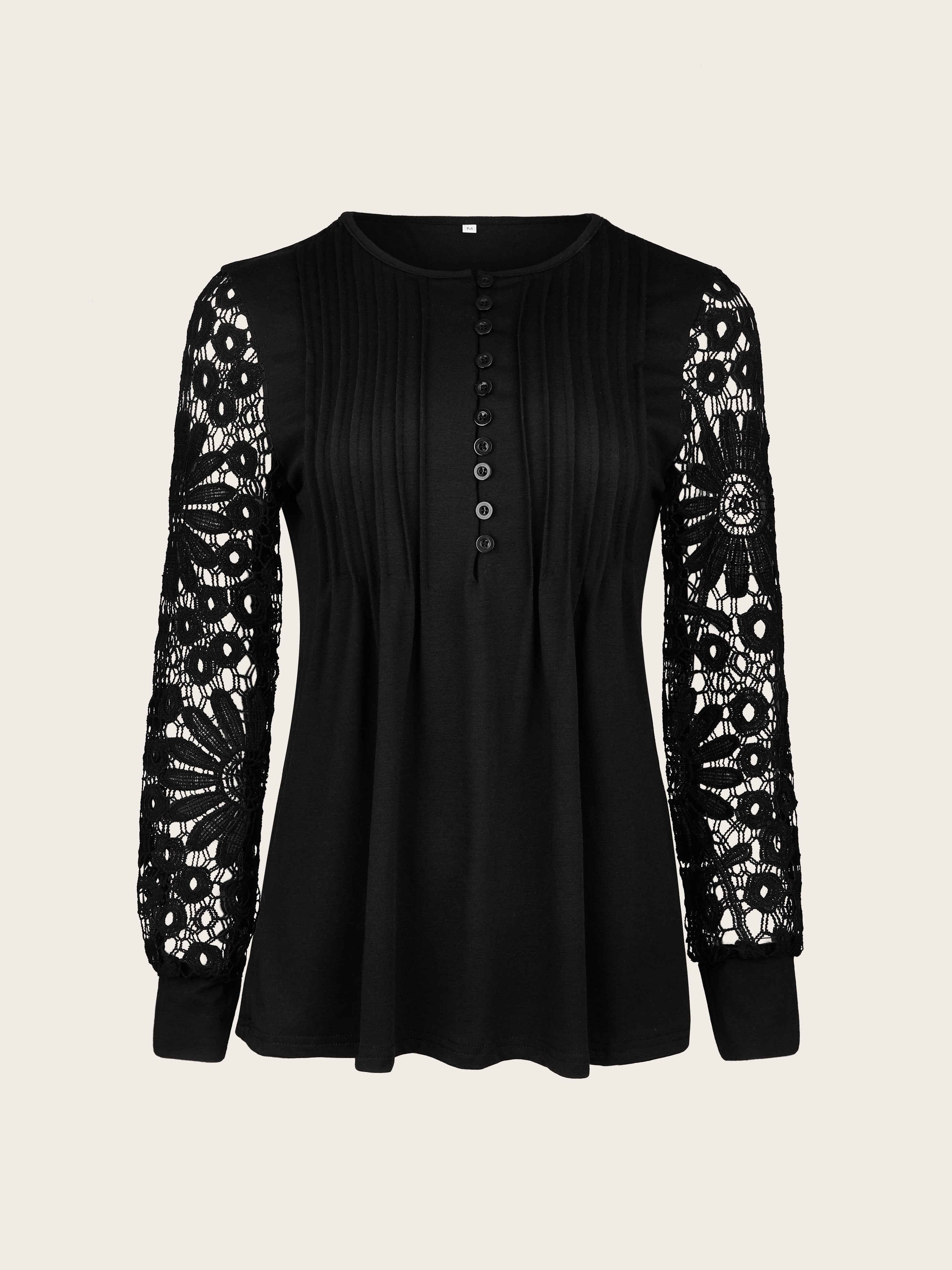 Vibrant Lace Accent Pleated Front Long Sleeve T-Shirt - Chic Button V Neck, Casual Everyday Wear, Soft Fabric, Flattering Fit, Women's Stylish Clothing for Daily Life