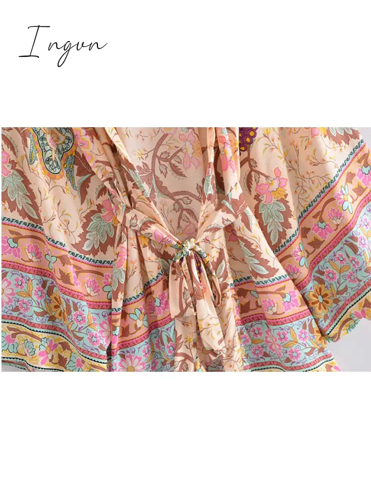 Ingvn - Vintage Peacock Floral Print Sashes Bohemian Kimono Women V Neck Batwing Sleeves Short Robe Boho Bikini Cover-ups