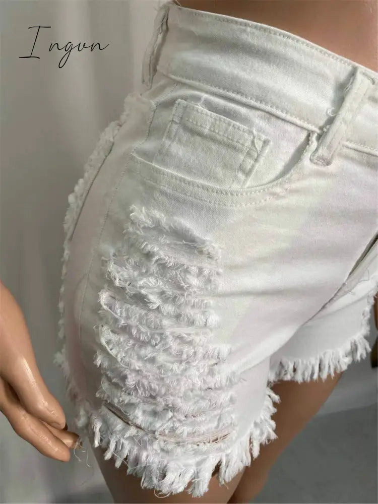 Ingvn - New Summer Ripped Hole Hollow Out Jeans For Women High Waist Sexy Tassels Cut Open Button Slim Denim Shorts Pants