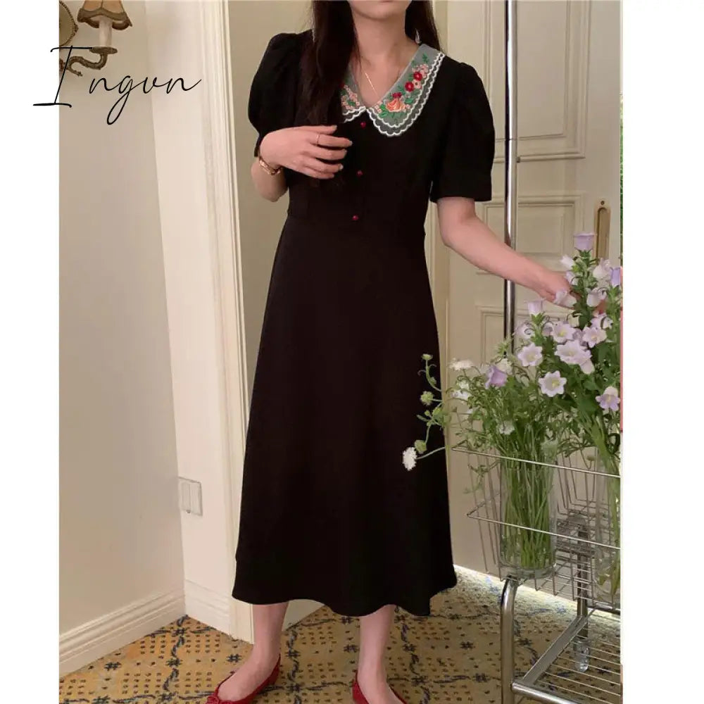Ingvn - Summer Retro Women Midi Dress  Korea Office Lady Embroidery Floral Peter Pan Collar One Piece Female Fashion Black Pink Vestido