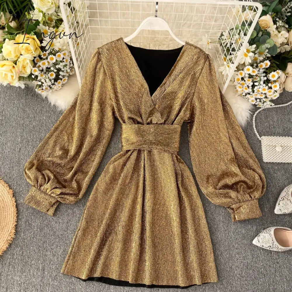 Ingvn - Spring Autumn Women's Bright Color Dress  V-neck Lantern Sleeve Gold Bright Silk Lace Retro Dress Female Sexy Party Dress GD205