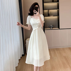Vintage Chiffon Midi Dresses for Women  Summer New Elegant Chic Simple Fashions Slim Casual Sweet Female Clothing