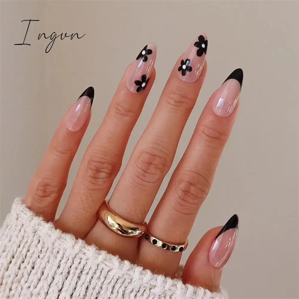 24pcs/Box Almond False Nails Press On Nails Detachable Fake Nail Tip gold heart with Design Manicure Patches Press On Nails