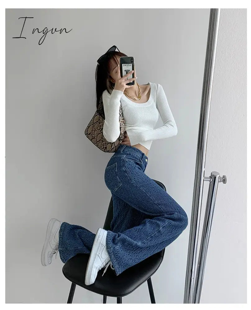 Ingvn - Women Jeans High Waist Casual Streetwear y2k Baggy Office Lady New Fashion Korean Denim Trousers Female Straight Wide Leg Pants