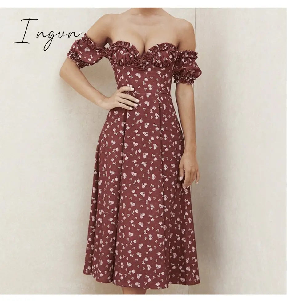 Ingvn - Vintage Solid Button Midi Dress Sexy Party Club Bodycon Strapless High Split Dresses Women Spring Autumn Casual Vestidos