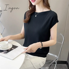 Ingvn - Bat-Sleeved Short-Sleeved T-Shirt Women's Summer New Black Ice Silk Knitted Sweater Loose One-Word Collar Top Thin