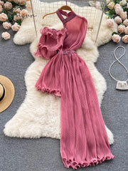 Ingvn - Summer Women Sexy Irregular Dress Elegant Female Ruffle Off Shoulder Slim High Waist Vestidos Green/White/Pink Robe New Fashion