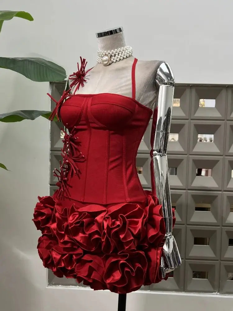 Bandage Tight Two Piece Flower Top Mini Skirt Sets Halter Knitted Nightclub Clothing Luxury Party Dress Women's Fashion Outfit