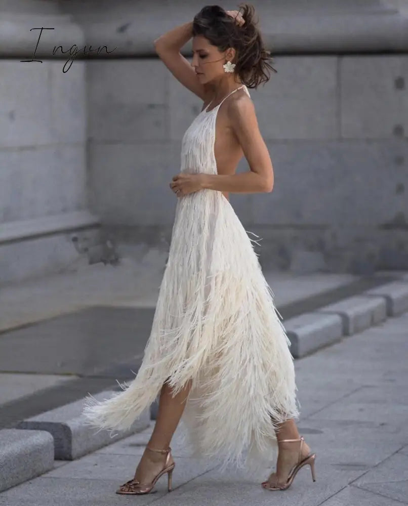 Ingvn - Sexy Backless Sleeveless Tassel Maxi Dress