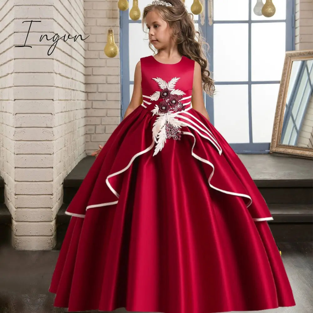 Ingvn - Summer Kids Princess Dress Girls Flower Embroidery Dress For Girls Vintage Wedding Party Formal Ball Gown Children Clothing