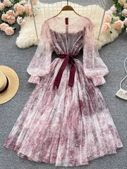 Ingvn - Elegant Women Mesh Dress Vintage Lantern Sleeves Printed Party Dresses Spring Summer Patchwork A Line Bandage Beach Dress