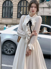 Sweet Preppy Style Long Dress Women Elegant French A Line Ruffles Casual Chic Office Robe Spring New Fashion Vestdios Mujer