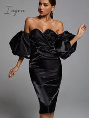 Ingvn - New Fashion Black Sexy Dress Summer Women's Top V-neck Strapless Puff Sleeve Midi Club Elegant Party Evening Dress Vestido