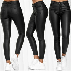 Ingvn - Pure Color Leather Casual Pants Small Feet Pants Spring Women Pu Leather Pants Black Sexy Stretch Bodycon Leather Pants High Red