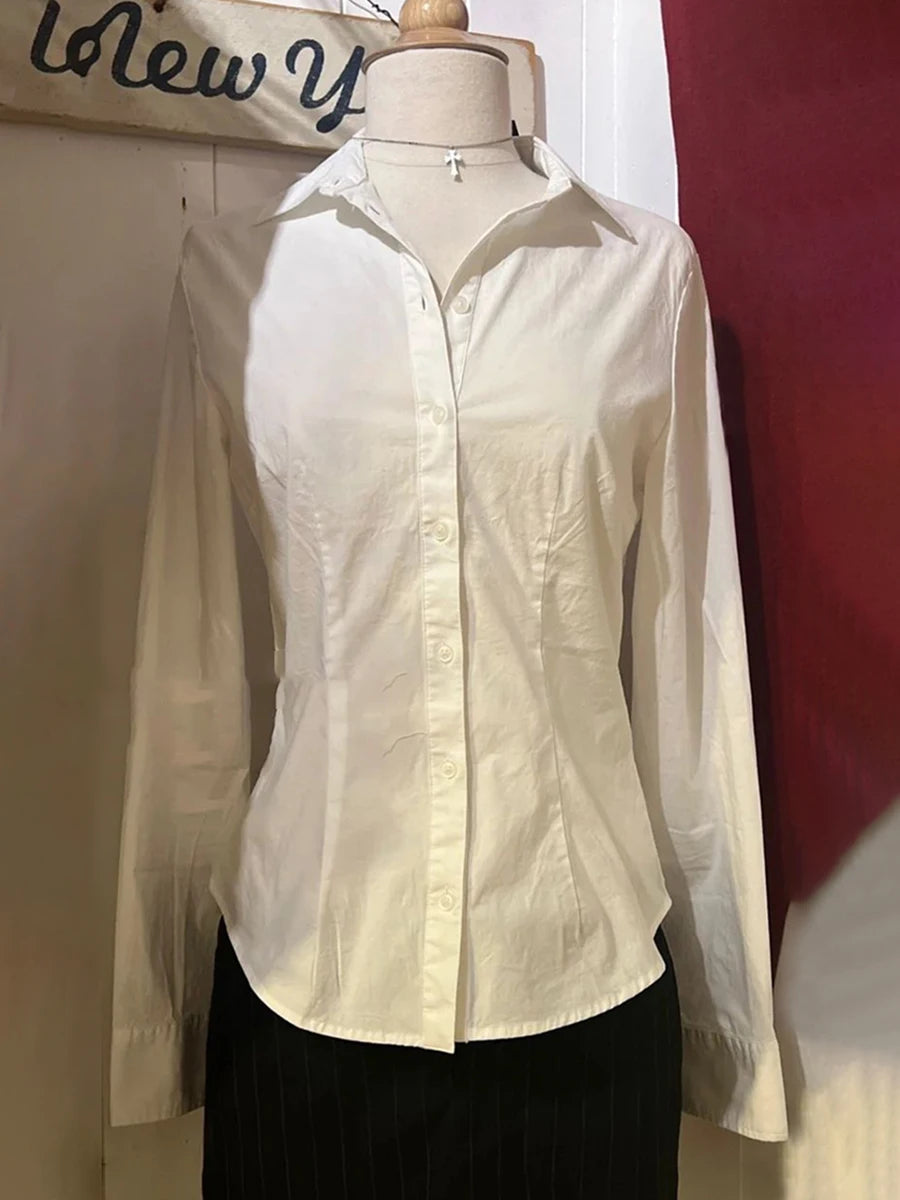 White Stripes Slim T-Shirt Woman Turn Down Collar Long Sleeve Cotton Blouse Top Female Sweet Cute Casual Streetwear Tee Shirts