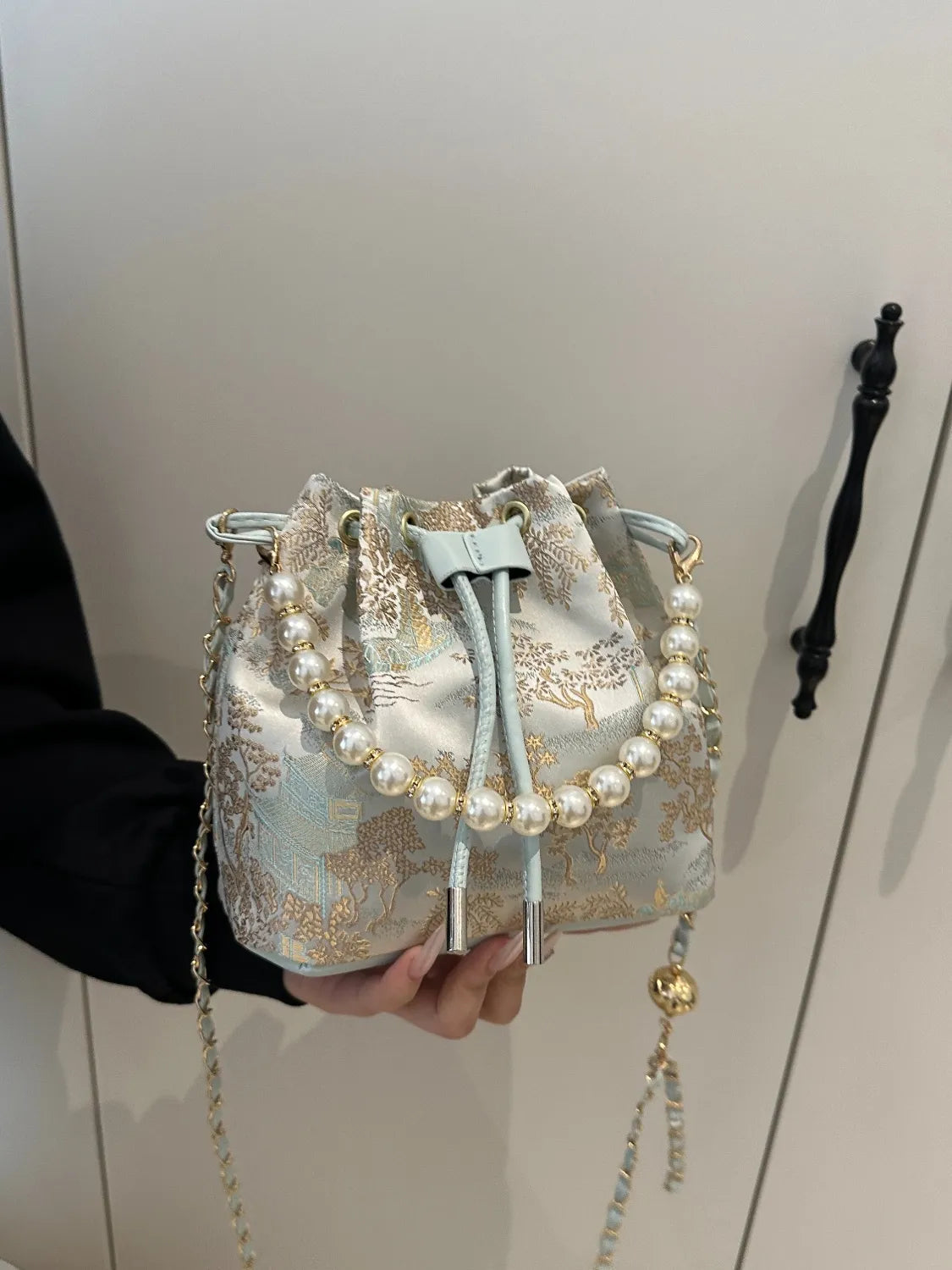 Drawstring Pearl Bucket Bag