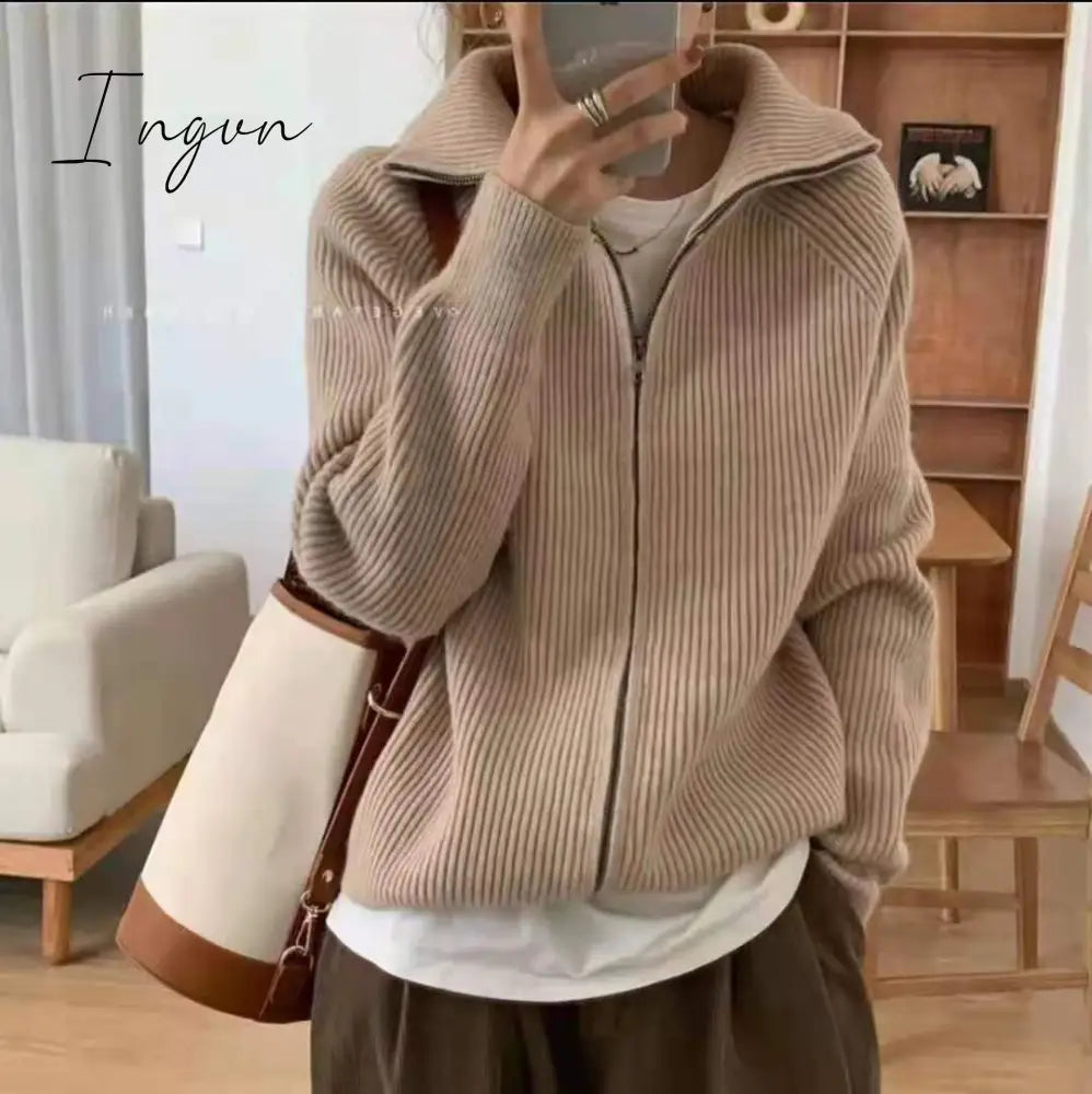 Ingvn - Deeptown Casual Knitted Cardigan Sweaters Women Autumn Vintage Zip-up Solid Loose Long Sleeve Tops Knitwear Chic Kpop