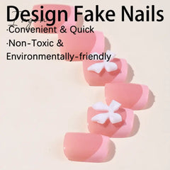 24pcs French Pink False Toenails White Bow Design Summer Press On Nail for Feet Wearable Square Fake Nails Patch Manicure Set