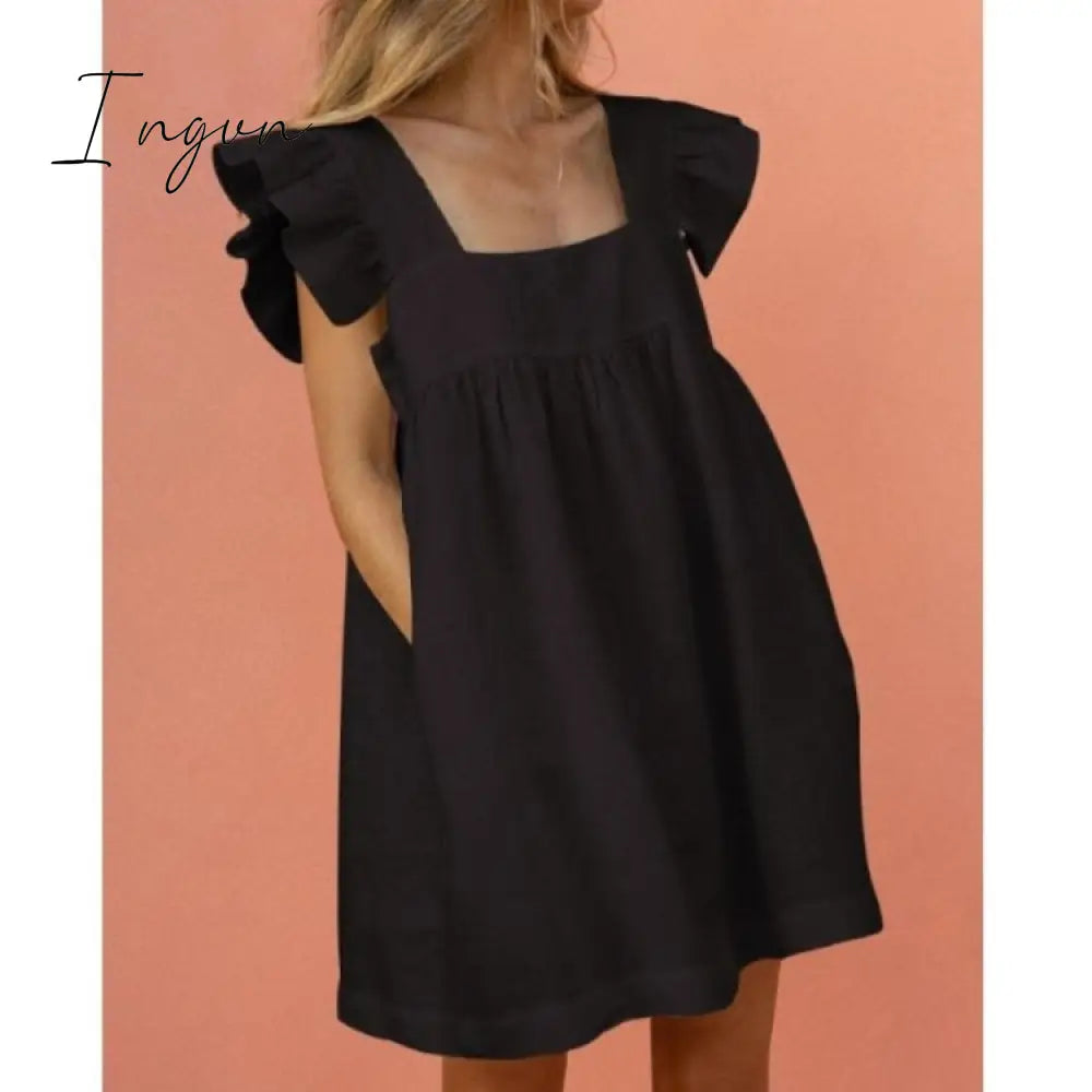Ingvn - Women Autumn Spring Vintage Mini Cupcake Dress V Neck Long Lantern Sleeve Back With Ruffles Korean Style Elegant Red Dress