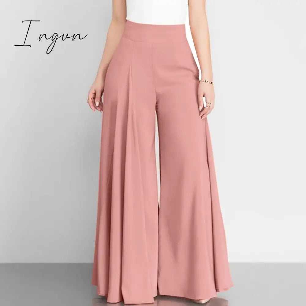 Ingvn - Women Elegant High Waist Wide Leg Pants Spring Vintage Flare Trousers Casual Solid Zipper Pantalon Female Palazzo