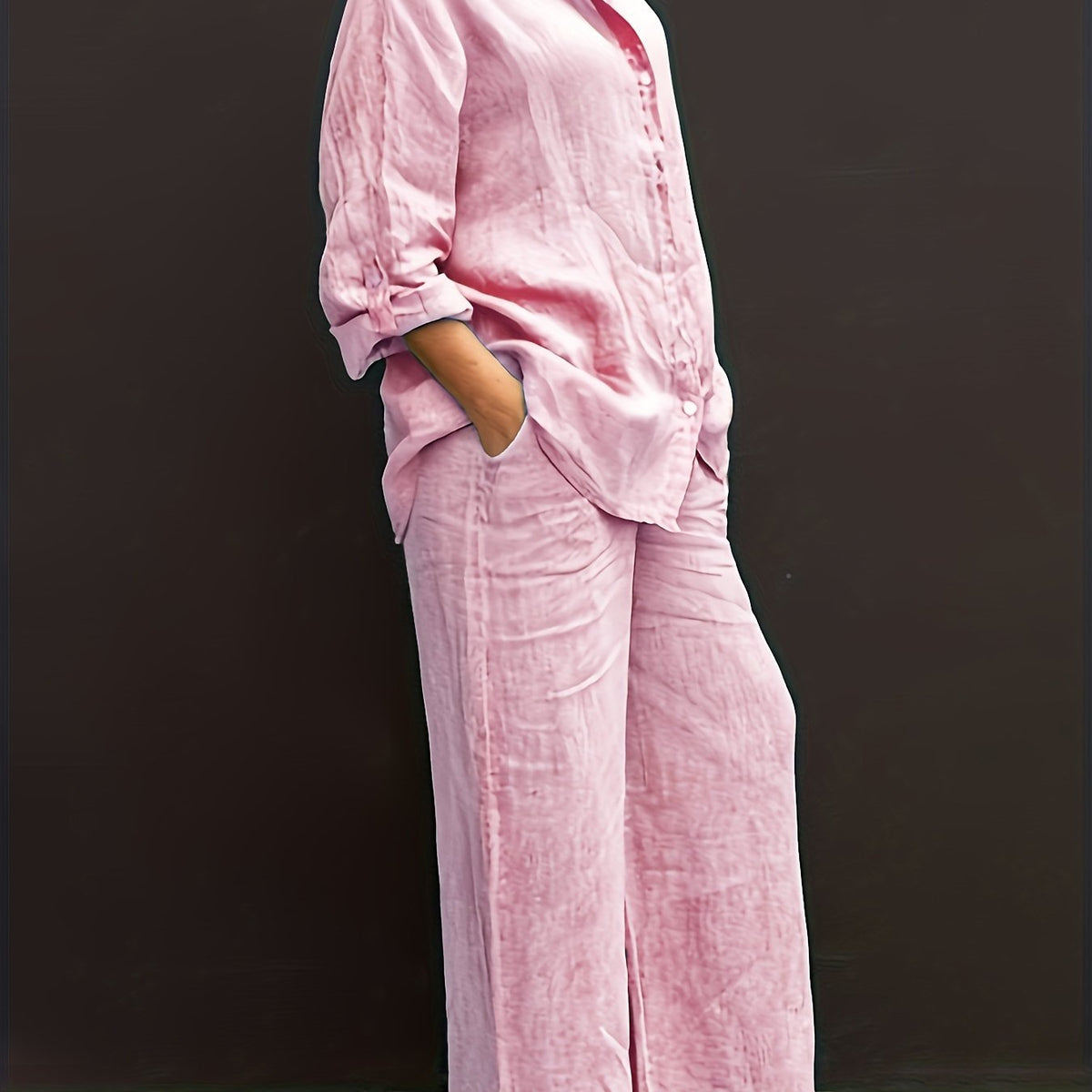 Two-Piece Solid Color Chic Pantsuit Set - Women's Casual Long Sleeve Shirt & Elastic Waist Pants Outfits with Comfortable Fabric and Versatile Style for Daily Wear
