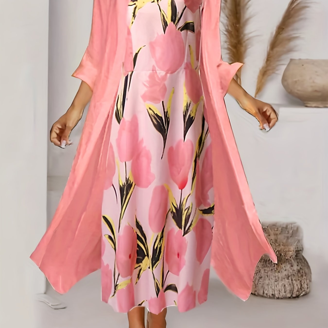Plus Size Outfits Set, Women's Plus Floral Print Round Neck Tank Dress & Long Sleeve Coat Outfits Two Piece Set