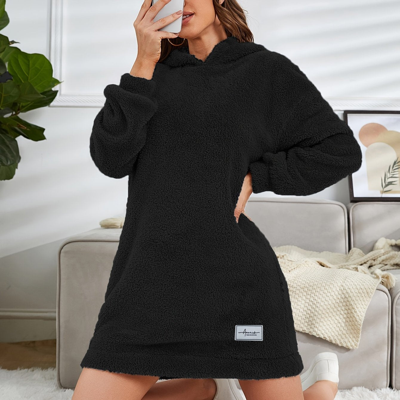 Comfortable All-Season Hooded Tunic Dress - Women's Casual Polyester, Warm and Machine-Washable, Stylish Solid Color for Easy Matching
