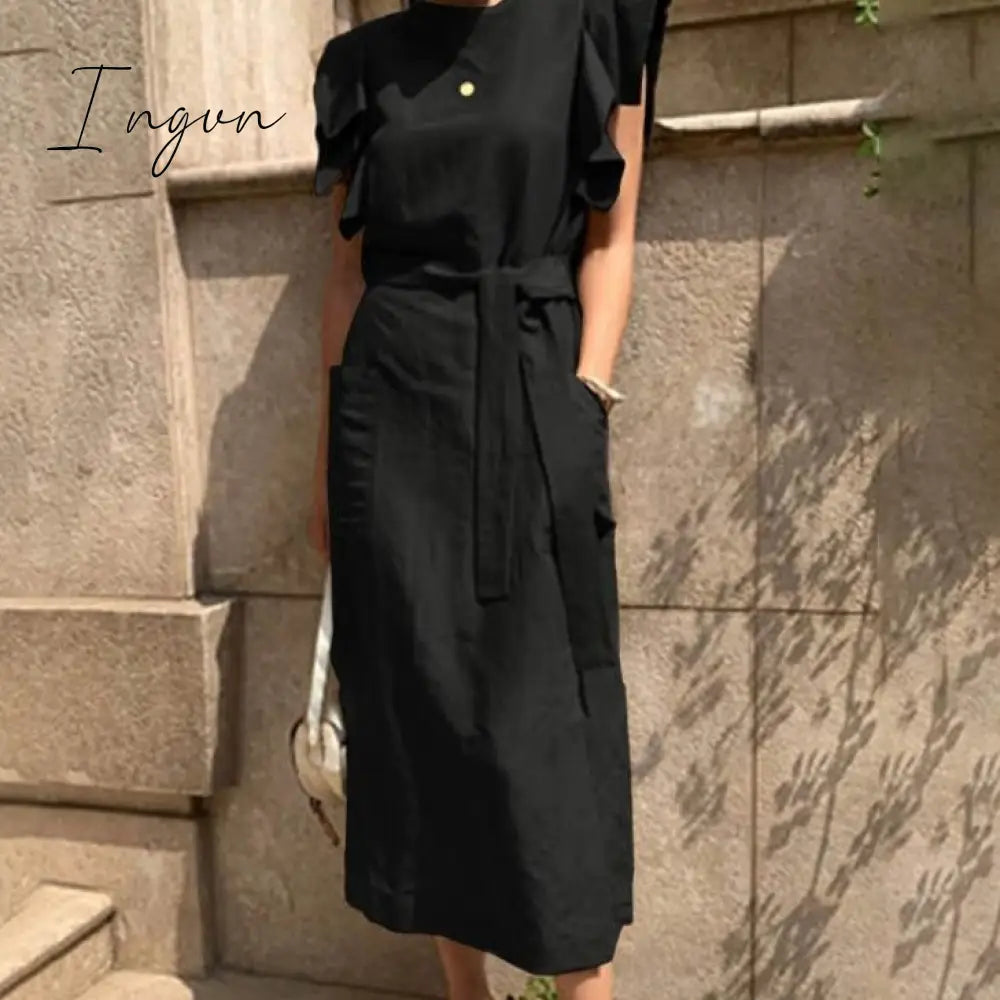 Ingvn - Sexy Sleeveless Summer Dress Sexy Ruffle Maxi Long Dress With Belt Women Bohemian Sundress Party Vestido Autumn Robe