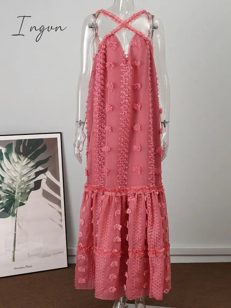 Ingvn - Sleeveless Halter Maxi Summer Dress For Women Fashion Ruffle Beach Long Robe Elegant Slip Holiday Hollow Out Sundress