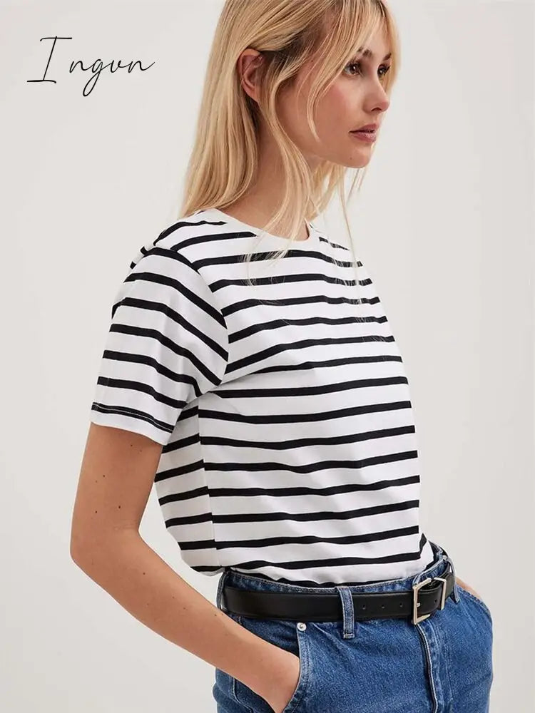 Ingvn - Ladies Loose Cotton Summer Short Sleeve O Neck Striped Basic T-Shirts Women T Shirt Casual Cozy Tee Tops Harajuku Shirt Female