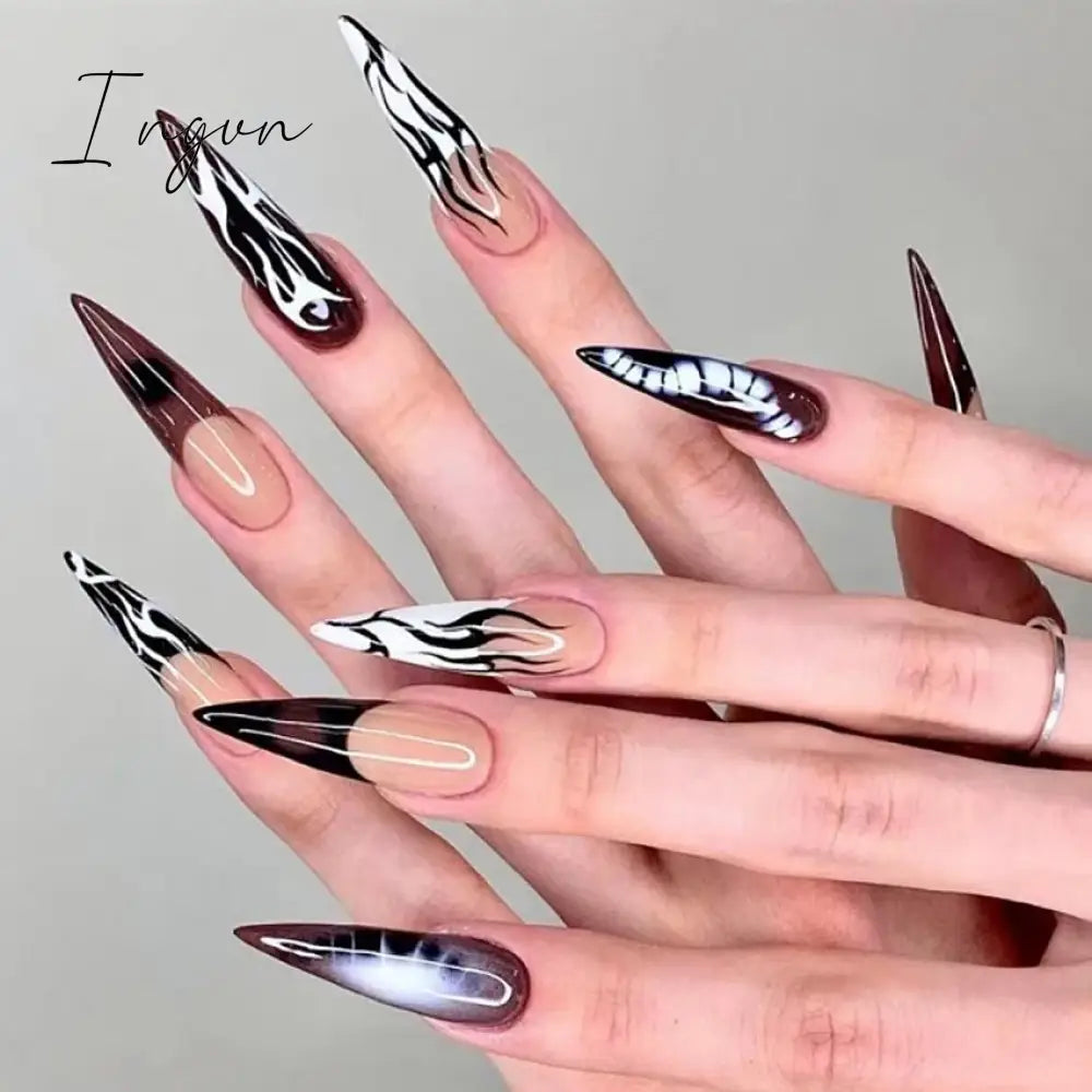 24pcs y2k Long Pointed False Nails Cool Girl Style Silver Flame Pattern Press on Nails Detchable Full Cover Fake Nail Patches
