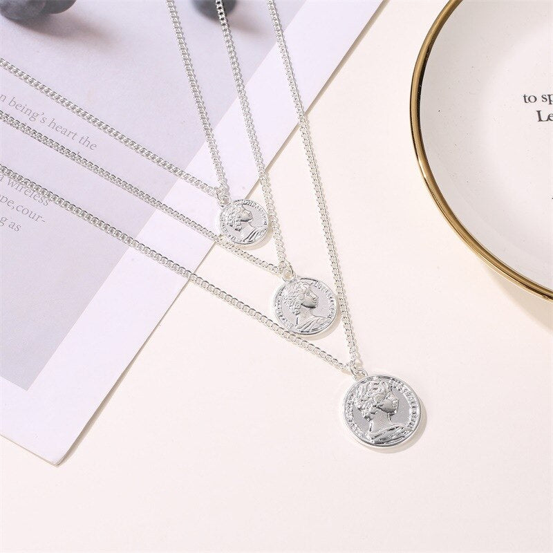 Retro Portrait Exaggerated Thick Chain Necklace Double Layer Cool Chain Hip Hop Necklace Short Clavicle Chain Accessories