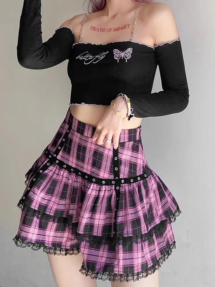 Mall Goth Gothic Lace Ruffle Mini Skirts Womens Harajuku Fairy Grunge Pink Plaid Pleated Skirt Japanese Lolita Streetwear