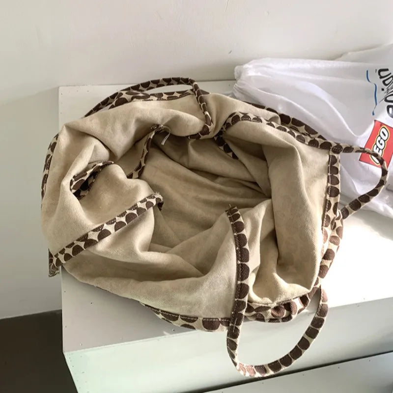 Ingvn  Women's Brown Round Dot Shoulder Bag Canvas Shopping Bags Simple Student Tote Handbag Summer