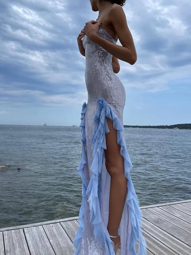 Sequins Long Dress For Women Side Split Flower See Through Sundress Elegant Temperament Sexy Slim Women's Evening Dresses