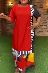 Ingvn - Blue Casual Striped Color Block Patchwork O Neck Long Dress Plus Size Dresses