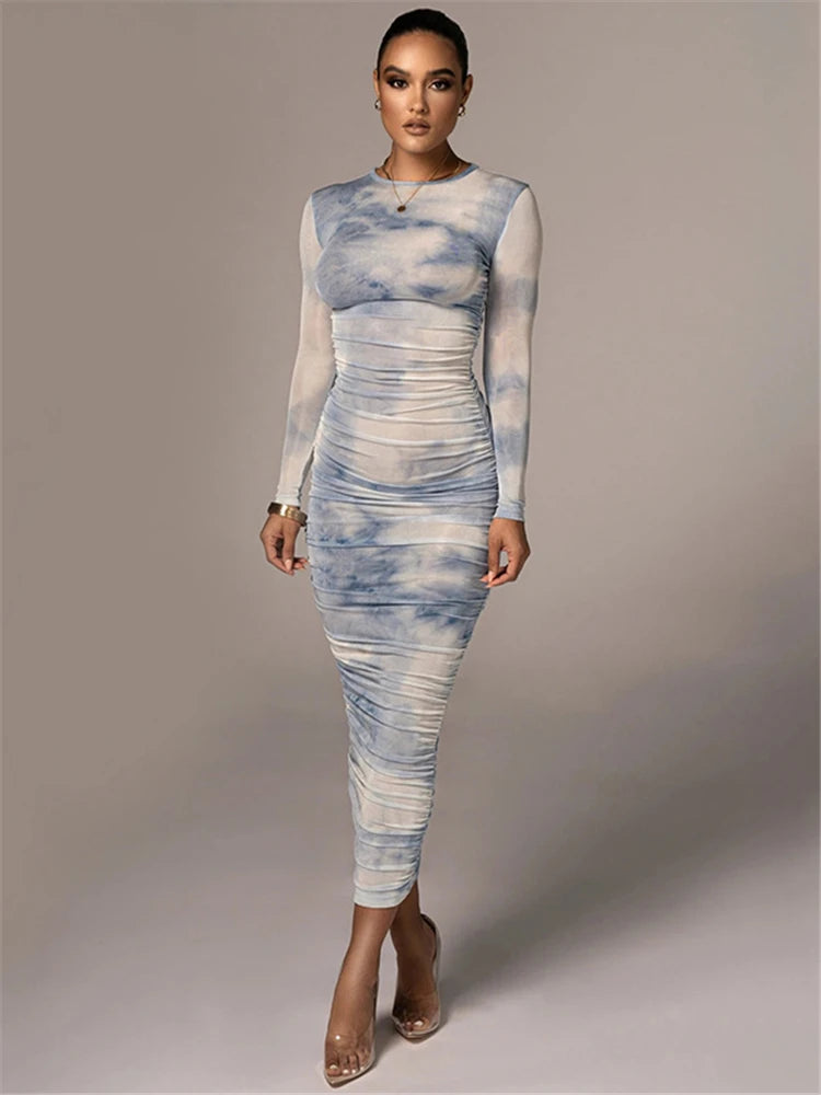 Tie-Dye Print Ruched Christmas Dress For Women Long Sleeve Sexy Bodycon Winter Dress Elastic Pleated Casual Party Dress