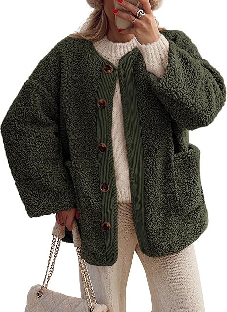 Women's Warm Winter Coat Collarless Casual Long Sleeve Button Plush Lambskin Jacket Coat