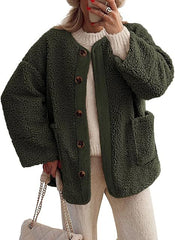 Women's Warm Winter Coat Collarless Casual Long Sleeve Button Plush Lambskin Jacket Coat