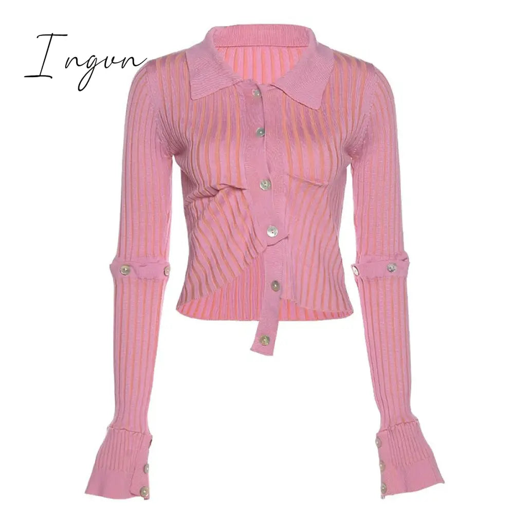 Ingvn - Fashion Trends Single Breasted Knitted Sweater Women Sexy Long Sleeve Asymmetrical Cardigans Solid Turn Down Collar Autumn Fashion Tops