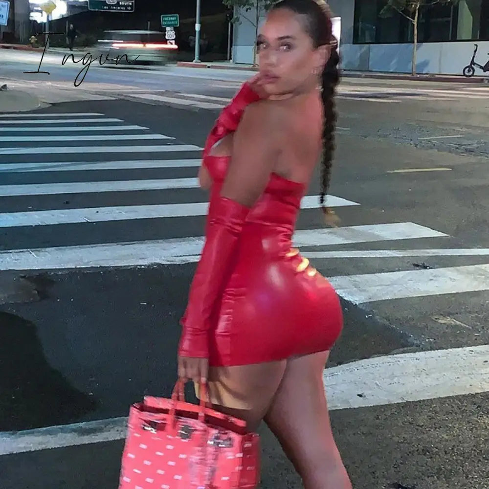 Ingvn - Faux PU Leather With Gloves Party Dress Women Backless Sexy Hot Clubwear Skinny Slim Solid Fashion Bodycon Mini Dresses