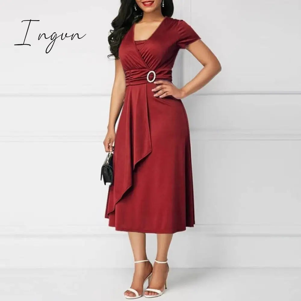 Ingvn - 2023 New Trends Retro Women High Waist Irregular Midi Dresses Summer Fashion V-neck Short Sleeve A-line Party Dress Elegant Office Lady Vestidos