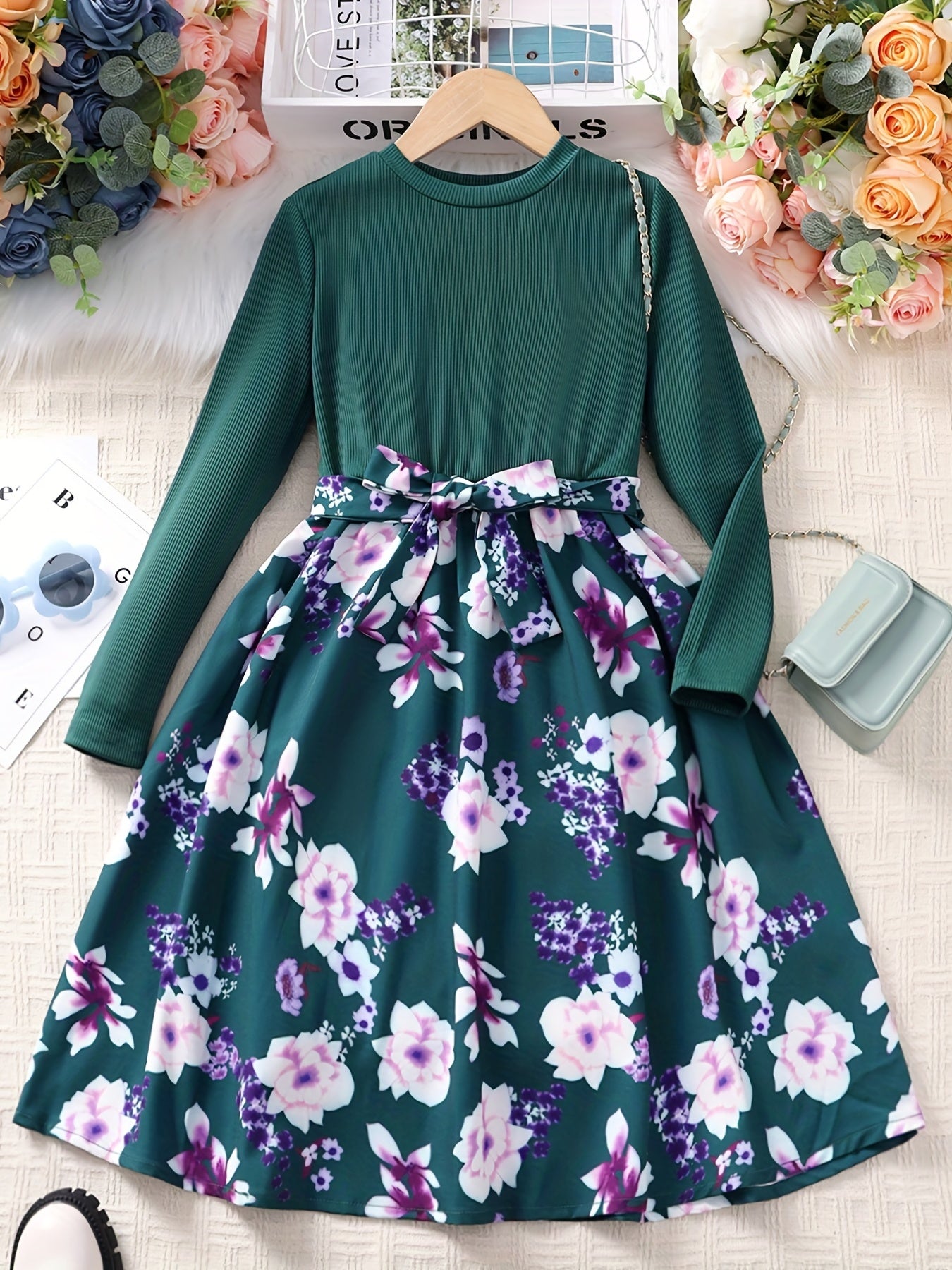 Adorable Floral Belted Dress for Girls - Long Sleeves, Round Neck, Splicing Design, Party-Perfect, Spring Collection, Kids' Clothing