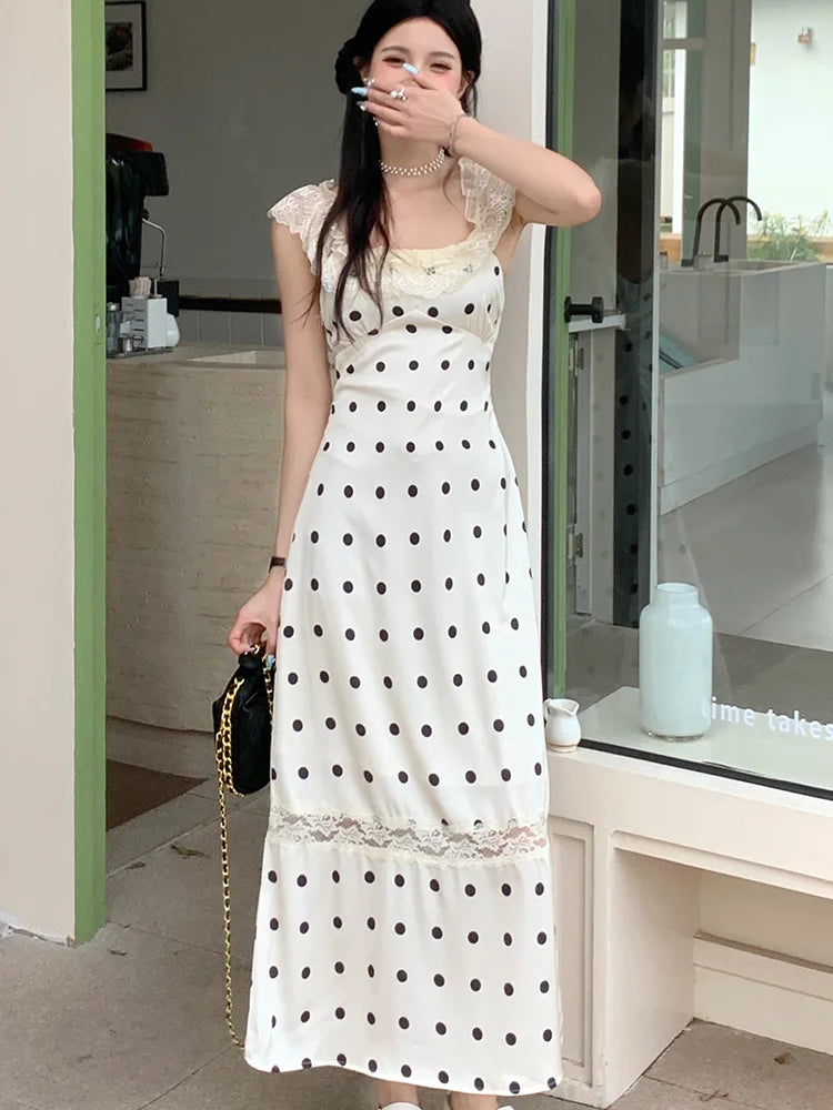 Elegant Party Sleeveless Midi Dresses for Women Summer Korean Casual Fashion Sexy Backless Lace Patchwork Female Clothing