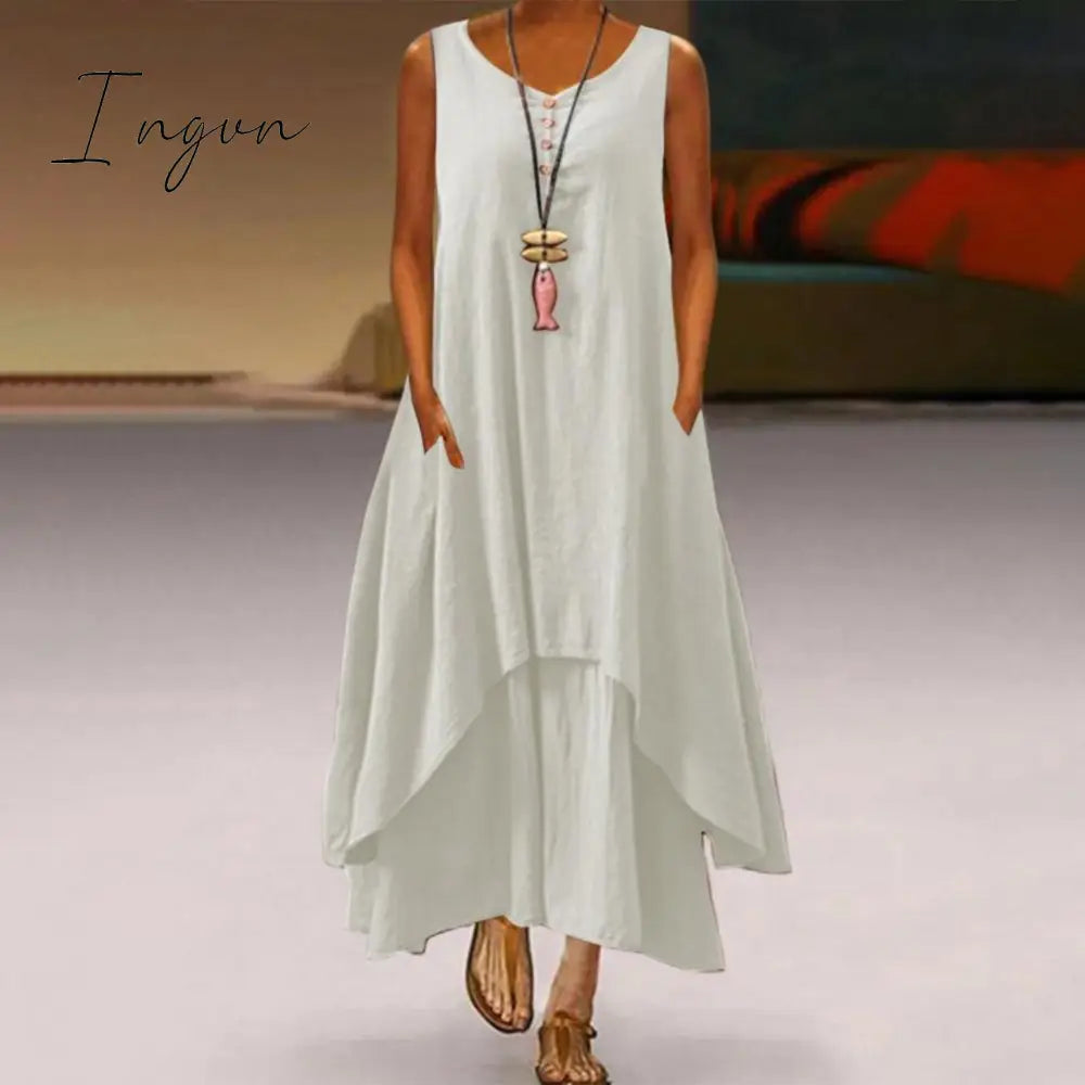 Ingvn - Summer Dress Plus Size Floral Print Irregular Hem Women Buttons Round Neck Dress Women's Clothing Sleeveless Beach Maxi Dresses