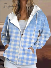 Ingvn - Women's Zip Hoodie Sweatshirt Active Sportswear Drawstring Zip Up Front Pocket Pink Blue Green Plaid Casual Hoodie Long Sleeve Top Micro-elastic Fall & Winter