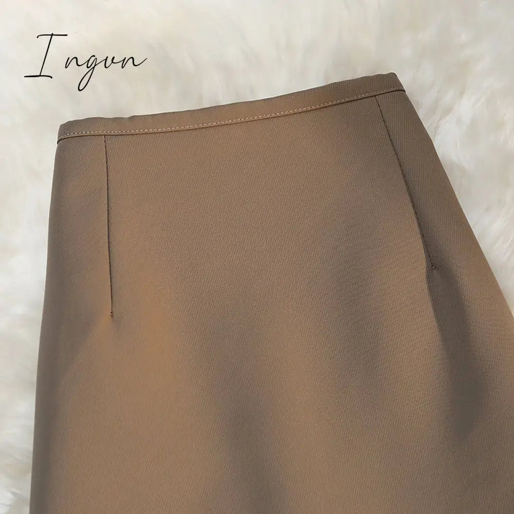 Ingvn - Fashion Elegant Formal Skirts Women Autumn New High Waist Drape Suit Long Brown Skirt Zipper Female